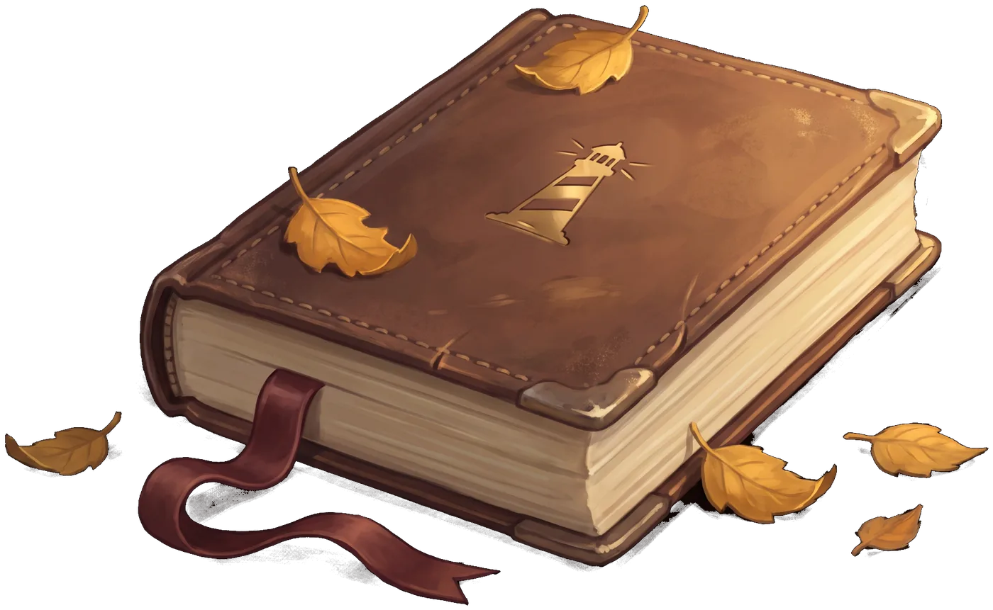 Старая книга в кожаном переплёте с золотым маяком на обложке и бордовой лентой-закладкой; вокруг лежат осенние листья